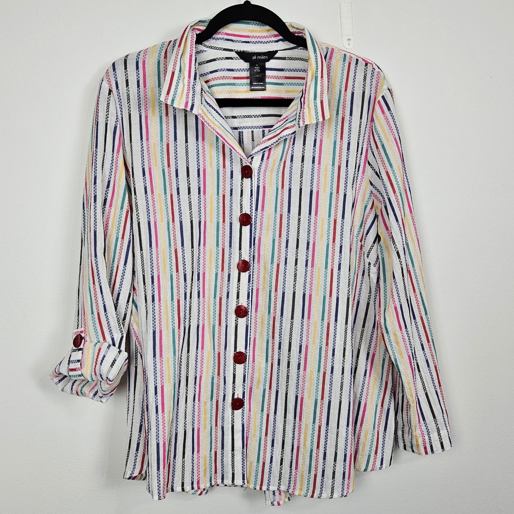 Ali Miles‎ Blouse Womens Sz L Colorful Striped Button Front Roll Tab Sleeve Art